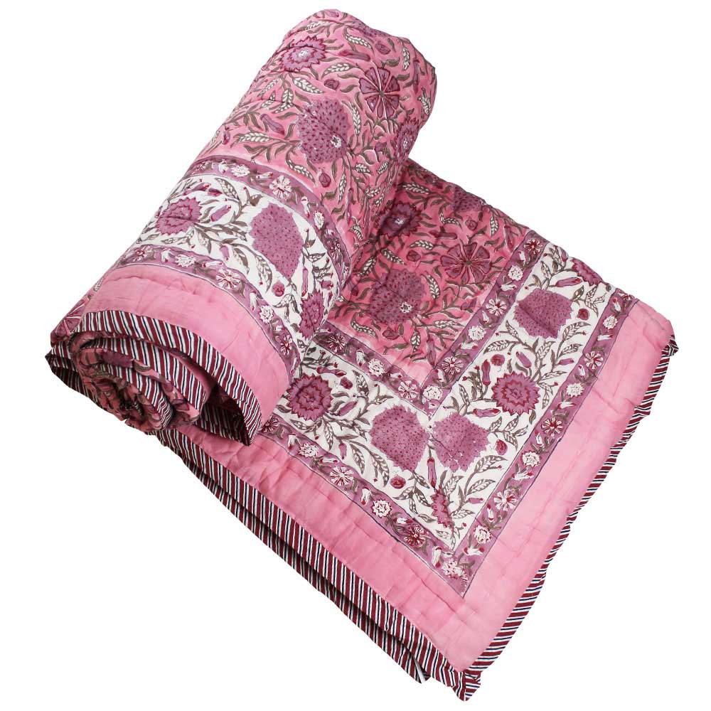 Powell Craft Queen Quilt Dark Rose & Cream Floral 265x220cm